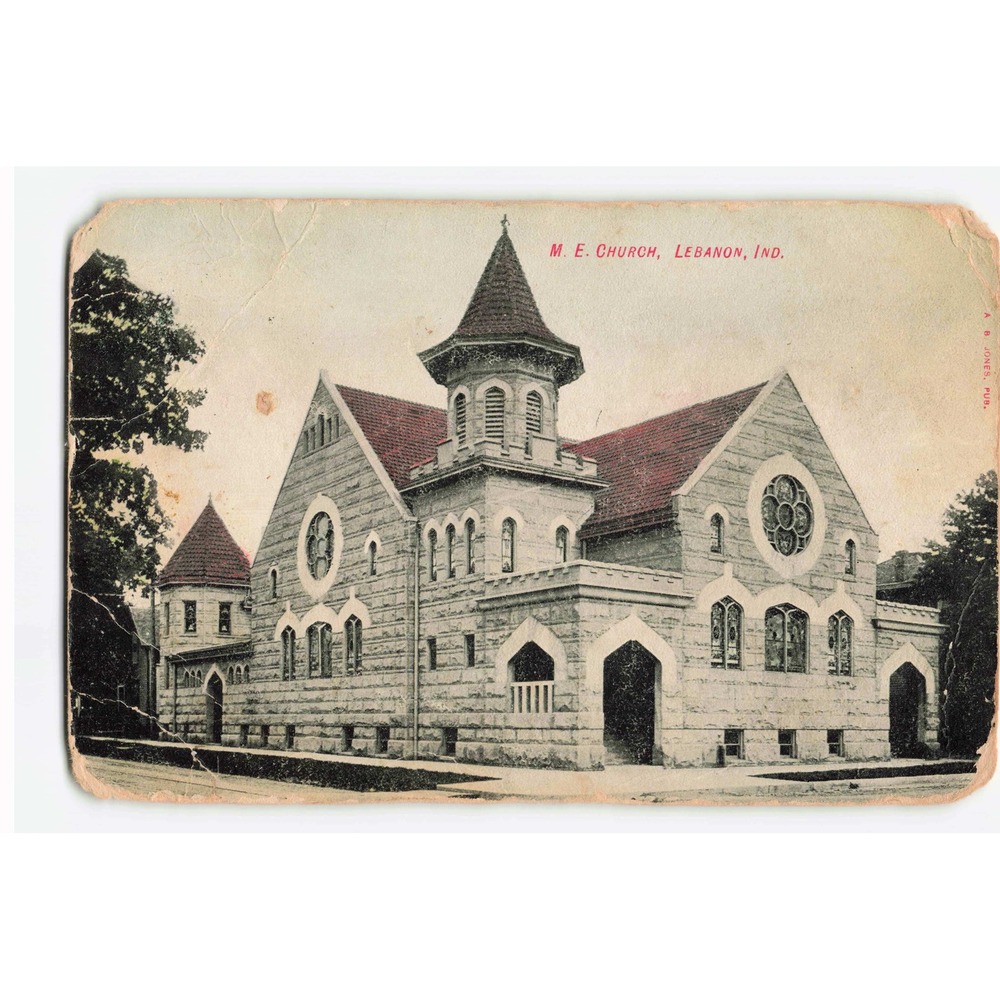 Methodist Episcopal M.E. Church Lebanon Indiana IN 1909 Postcard A.B. Jones Pub - Picture 1 of 2